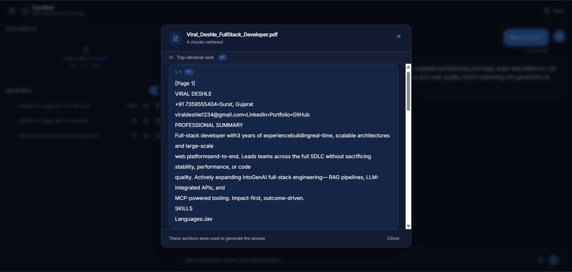 DocMind query results with source citations